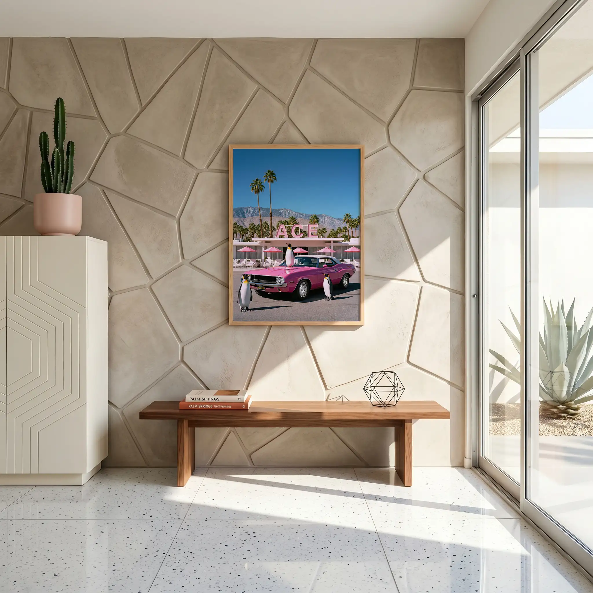 Penguin resort wall art artwork view 3 with two penguins and a pink car in a sunlit resort setting