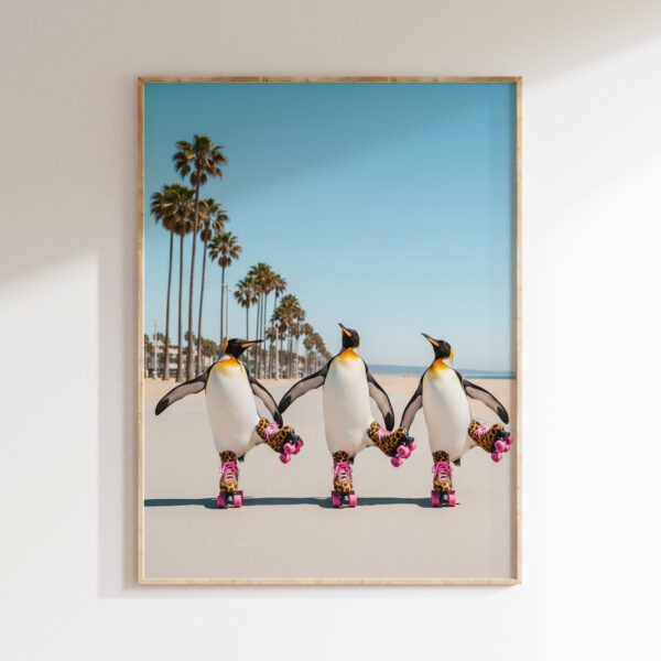 Penguin beach wall art with roller skates in a bright coastal scene