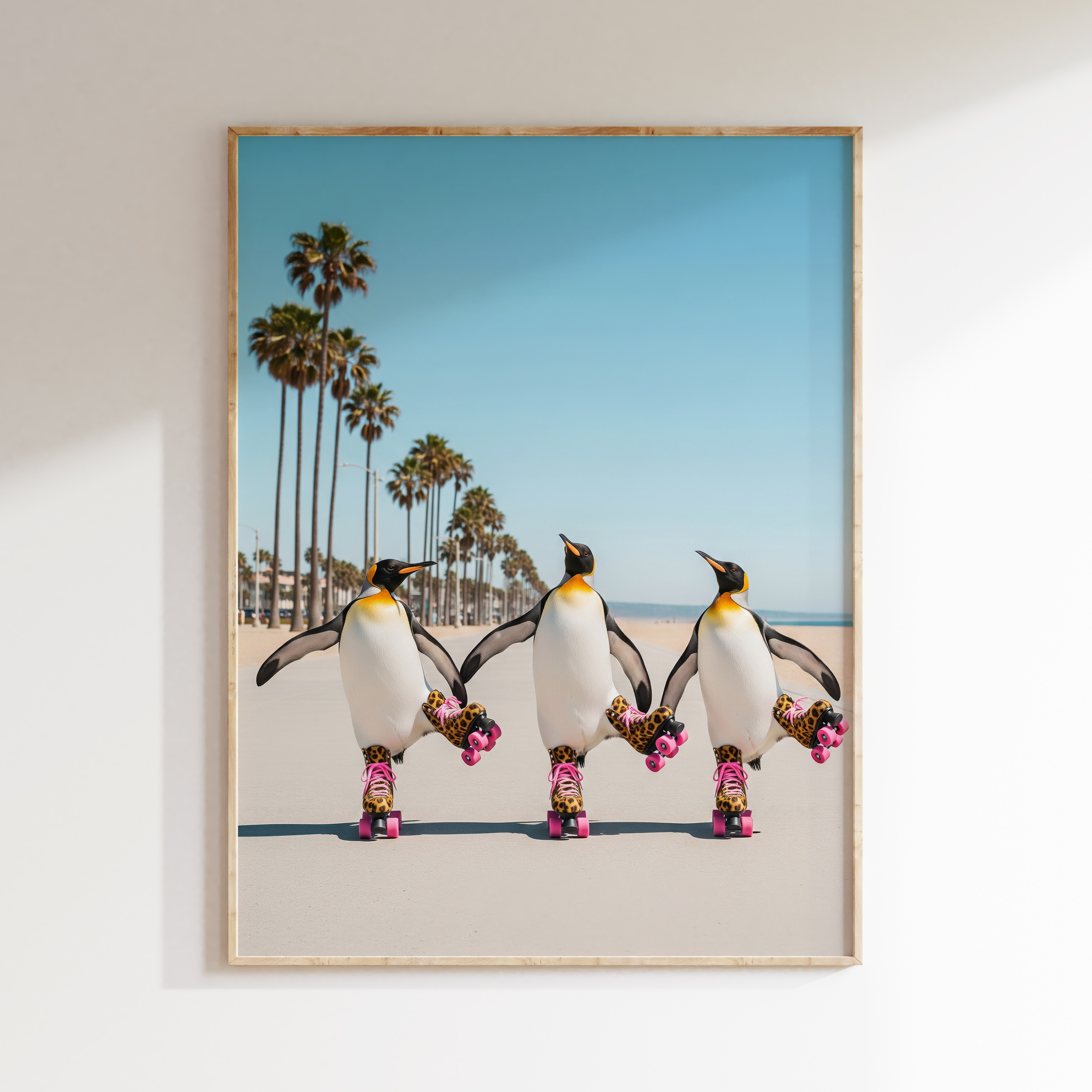 Penguin beach wall art with roller skates in a bright coastal scene