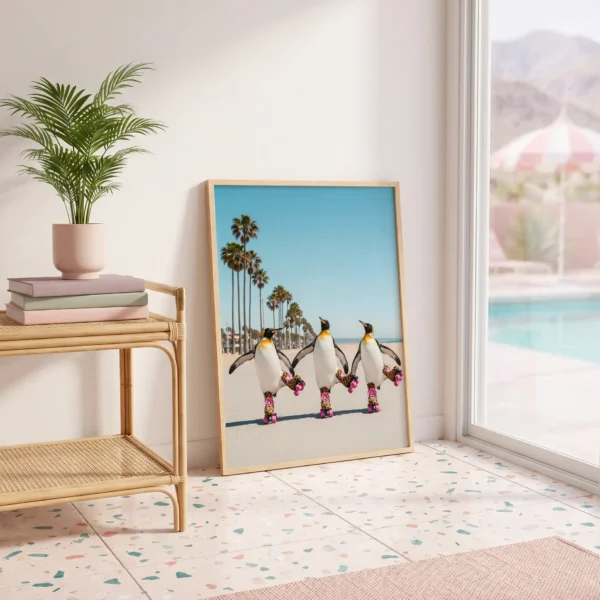 Framed coastal penguin print with weekend beach mood