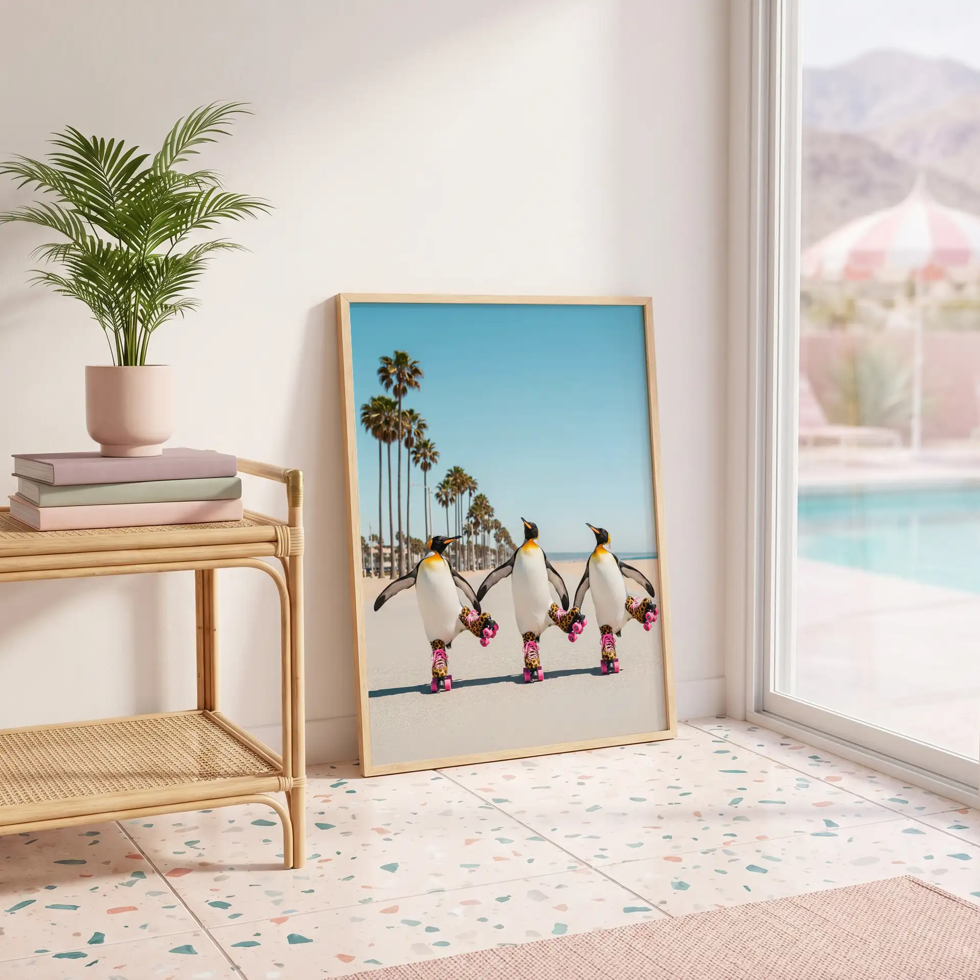 Framed coastal penguin print with weekend beach mood