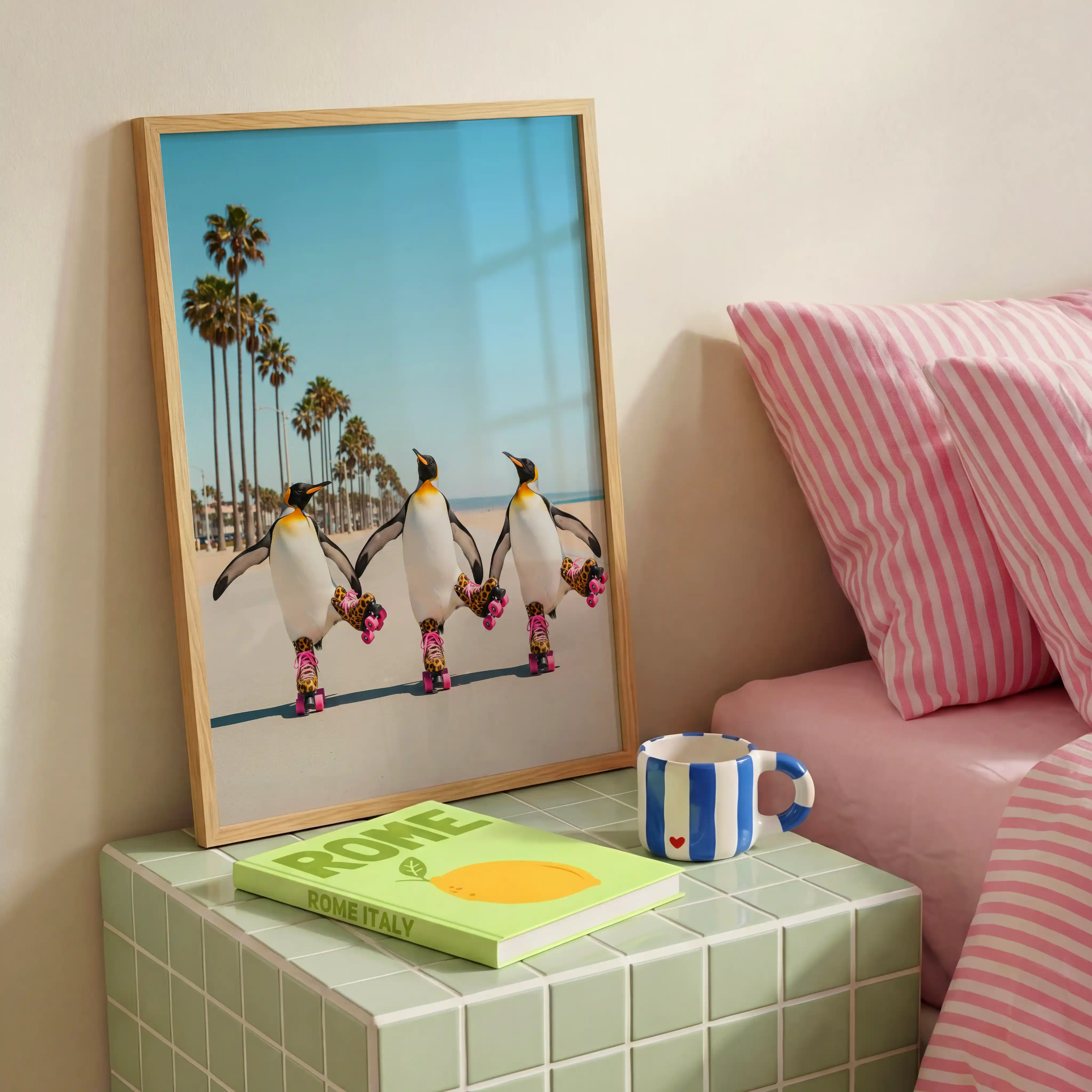 Beach weekend wall art featuring penguin subject and colorful skates