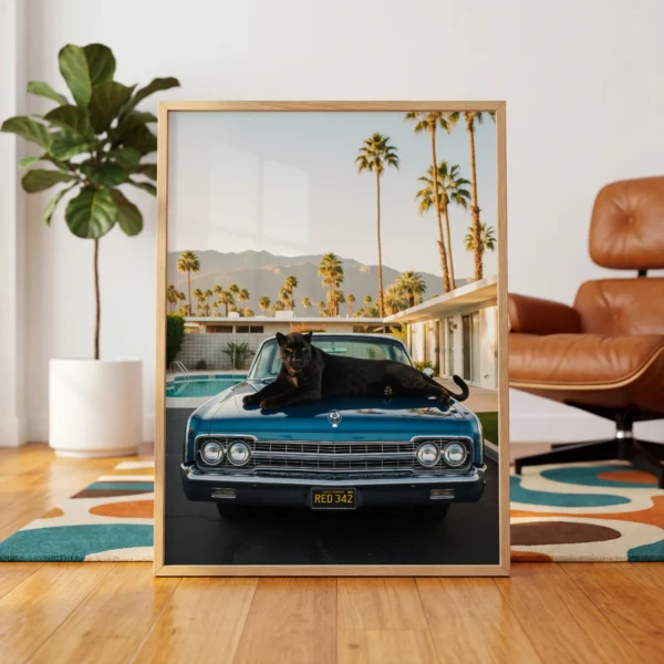 Black panther art print with retro poolside motel scene.