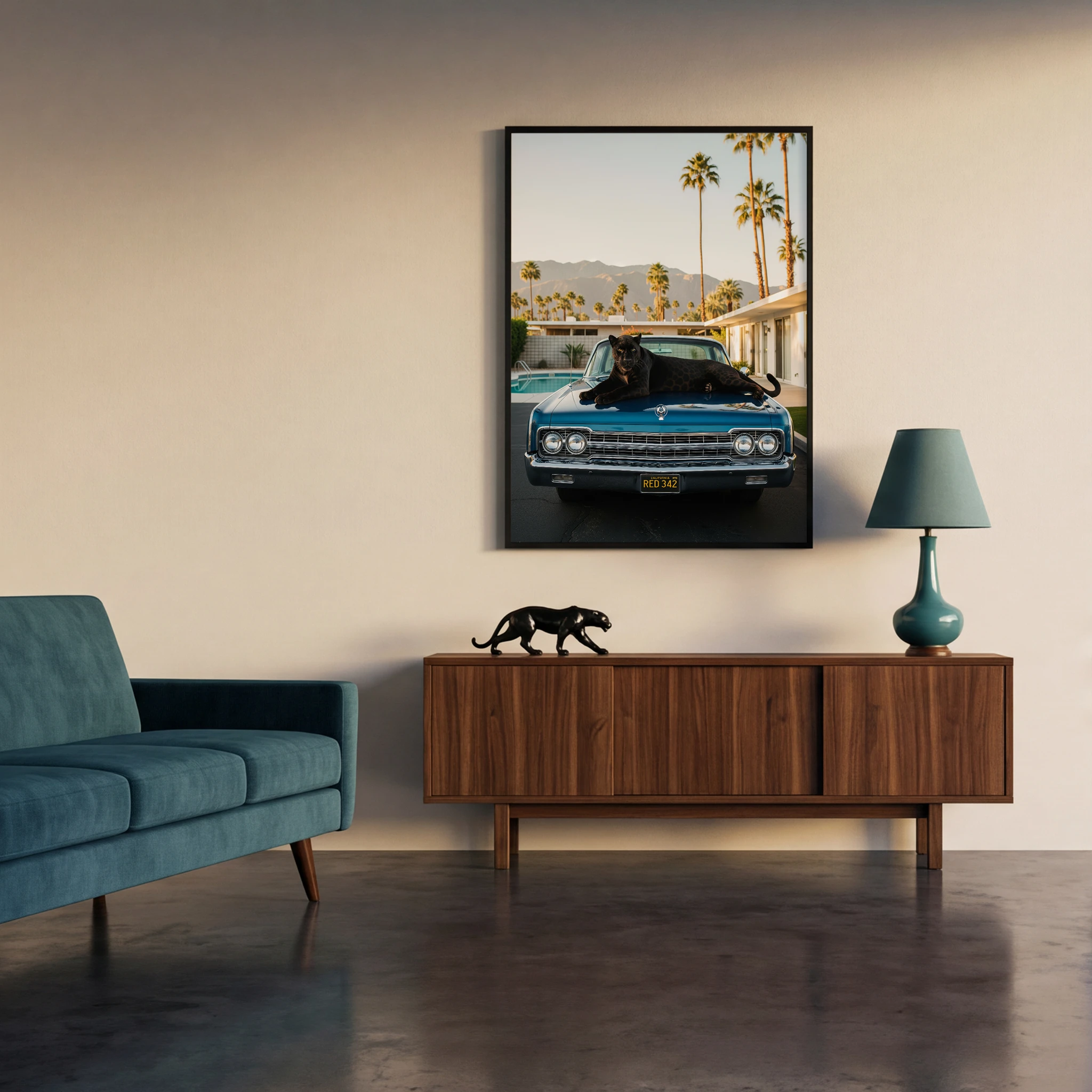 Palm Springs-inspired framed black panther wildlife wall art.
