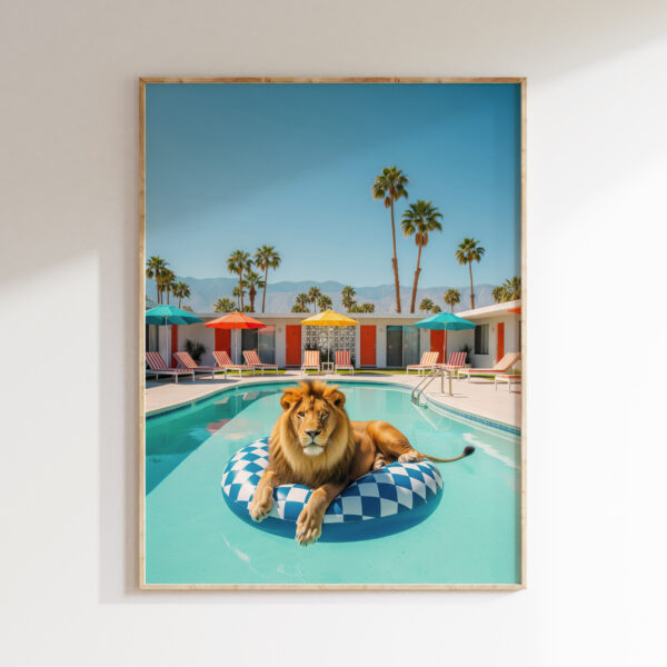 Framed lion poolside wall art with checkered float in Palm Springs-inspired style.