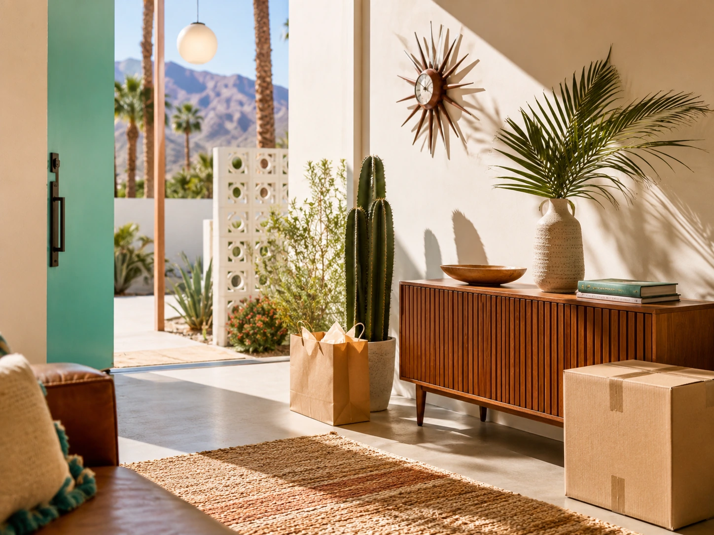 Palm Springs-inspired entryway with desert-modern styling for housewarming wall art gift ideas