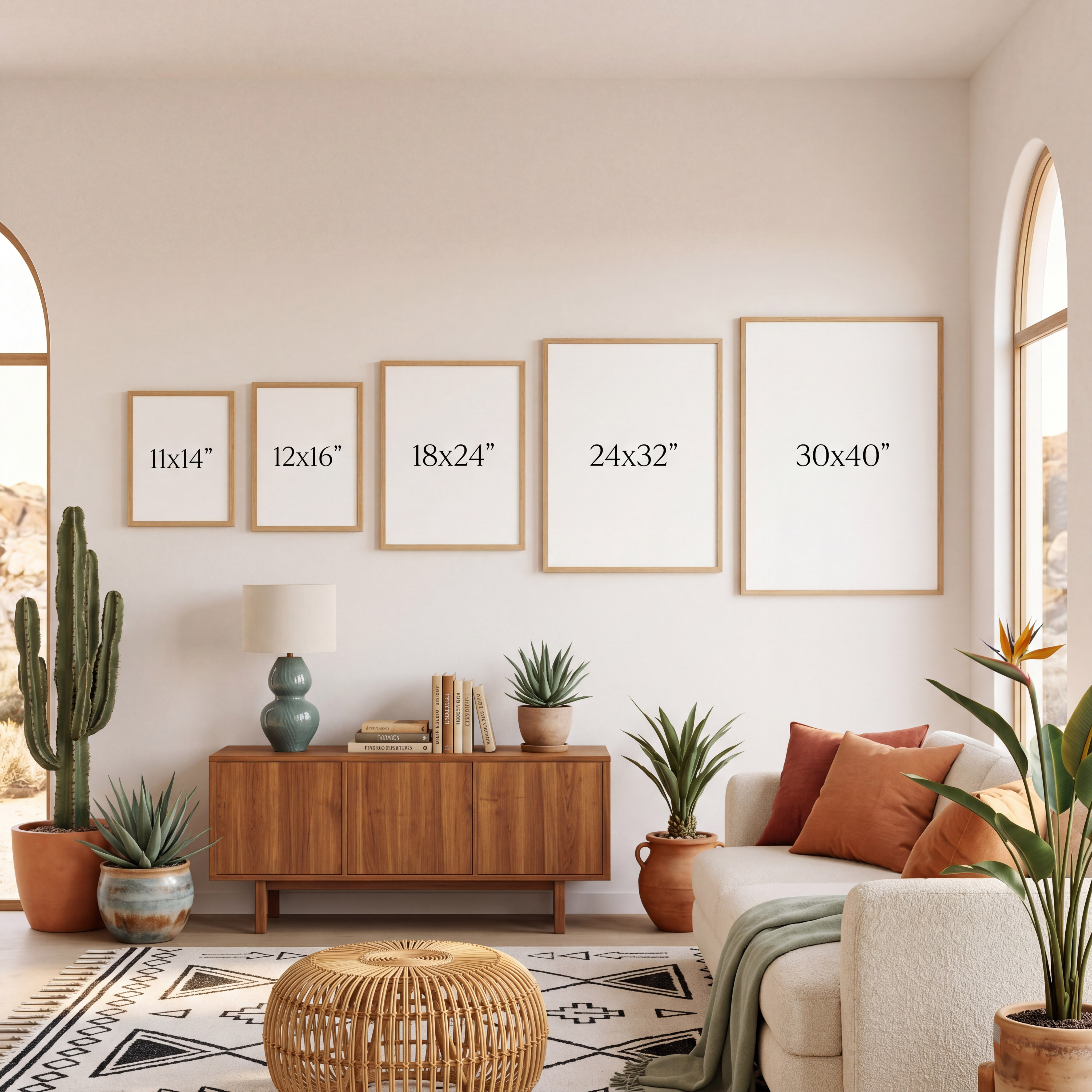 Wall art size guide showing 11x14 12x16 18x24 24x32 and 30x40 sizes