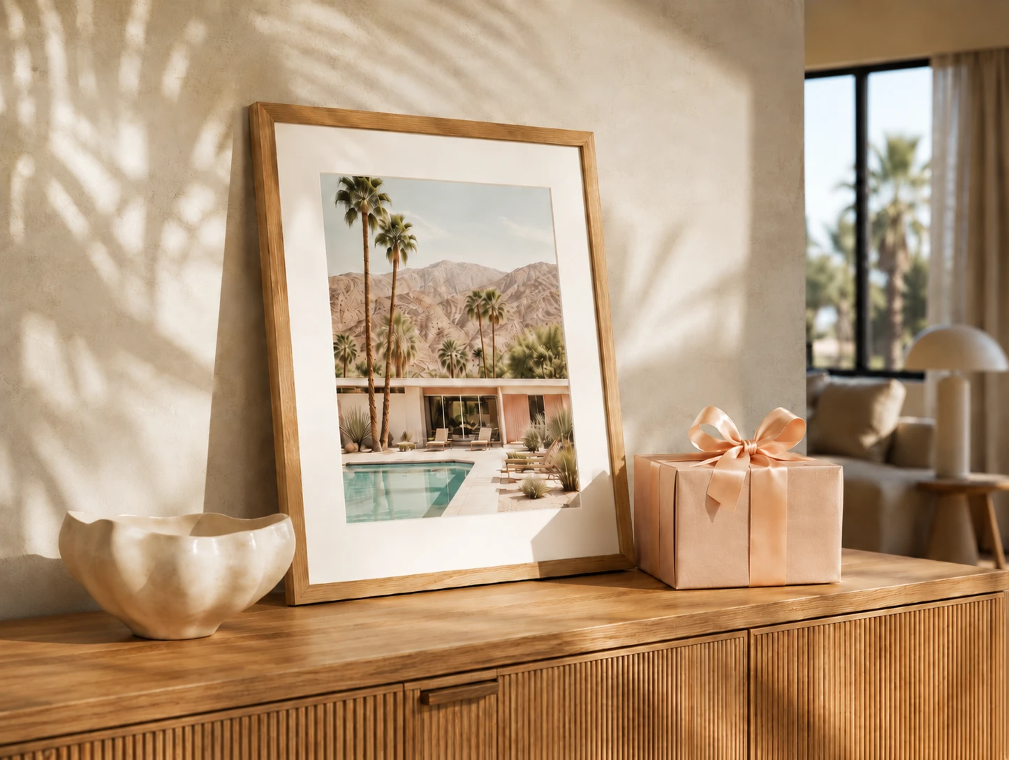 Framed wall art gift in a bright Palm Springs-inspired interior