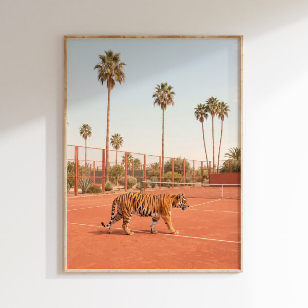 Tiger tennis court artwork displayed in a retro Palm Springs-inspired interior