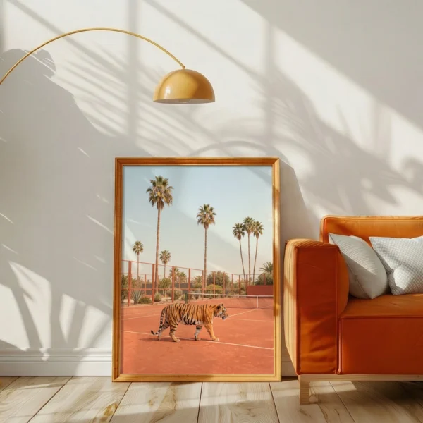 Tiger tennis court artwork displayed beside an orange sofa in a sunlit room