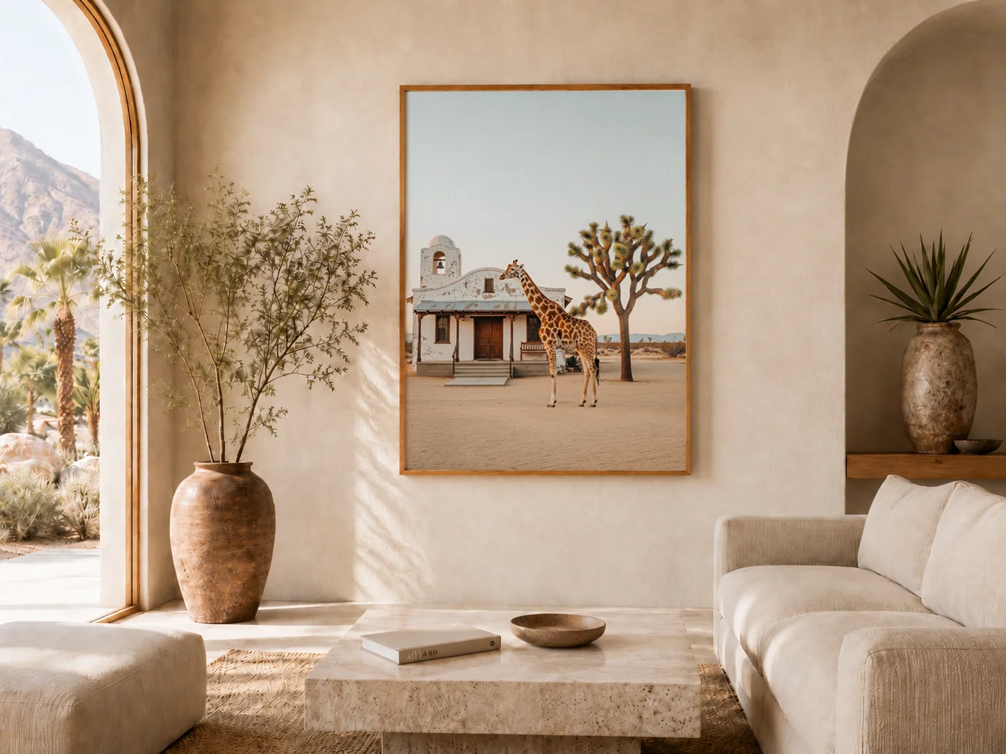 Framed Desert Giraffe artwork displayed in a calm desert-modern interior with warm neutral tones