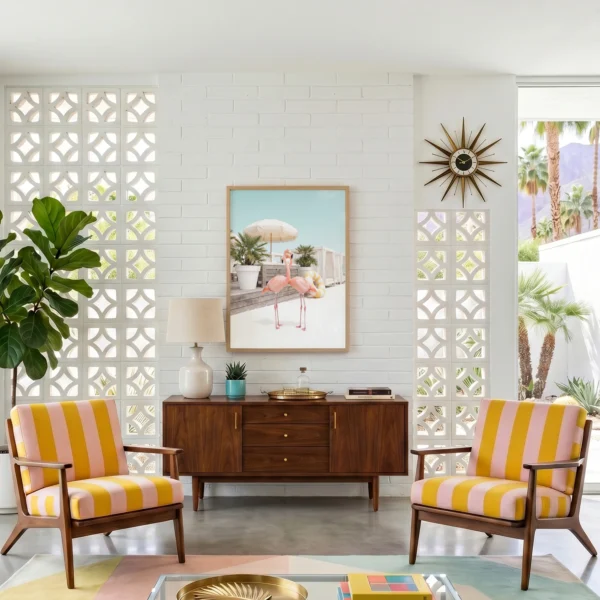 Flamingo Cabana Club wall art in a mid-century living room with pink and yellow striped chairs
