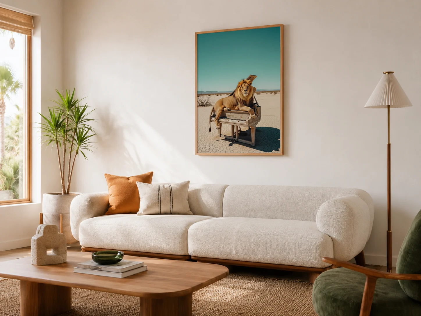 Desert Piano Lion wall art displayed above a sofa in a warm modern living room