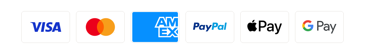 Accepted payment methods: Visa, Mastercard, American Express, PayPal, Apple Pay and Google Pay