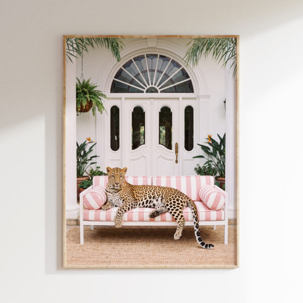 Framed Leopard on the Veranda art print with a leopard lounging on a pink striped sofa at a white villa