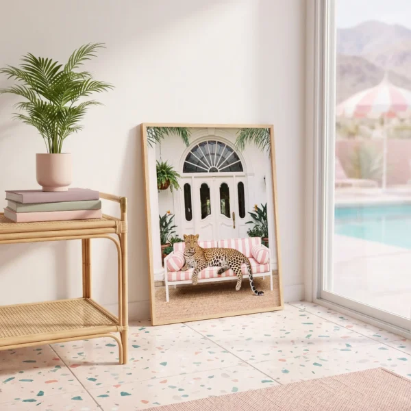 Framed Leopard on the Veranda art print leaning beside a rattan console in a bright resort-style interior