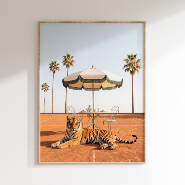 Framed Courtside Tiger art print with a tiger lounging on a clay tennis court beneath a fringed umbrella