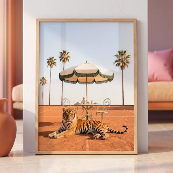 Framed Courtside Tiger art print styled in a warm coral and terracotta interior