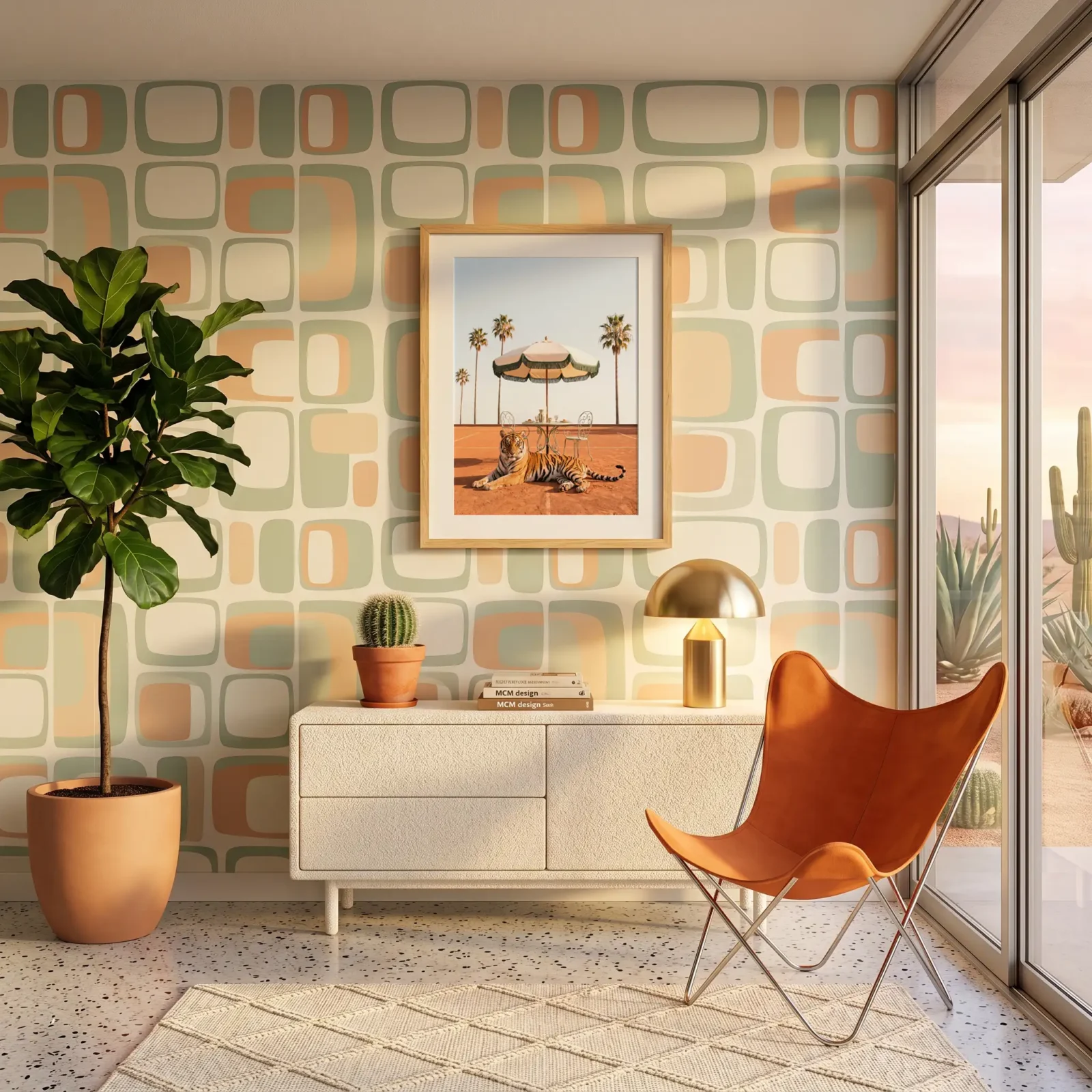 Framed tiger tennis wall art in a retro mid-century interior with geometric wallpaper and leather chair