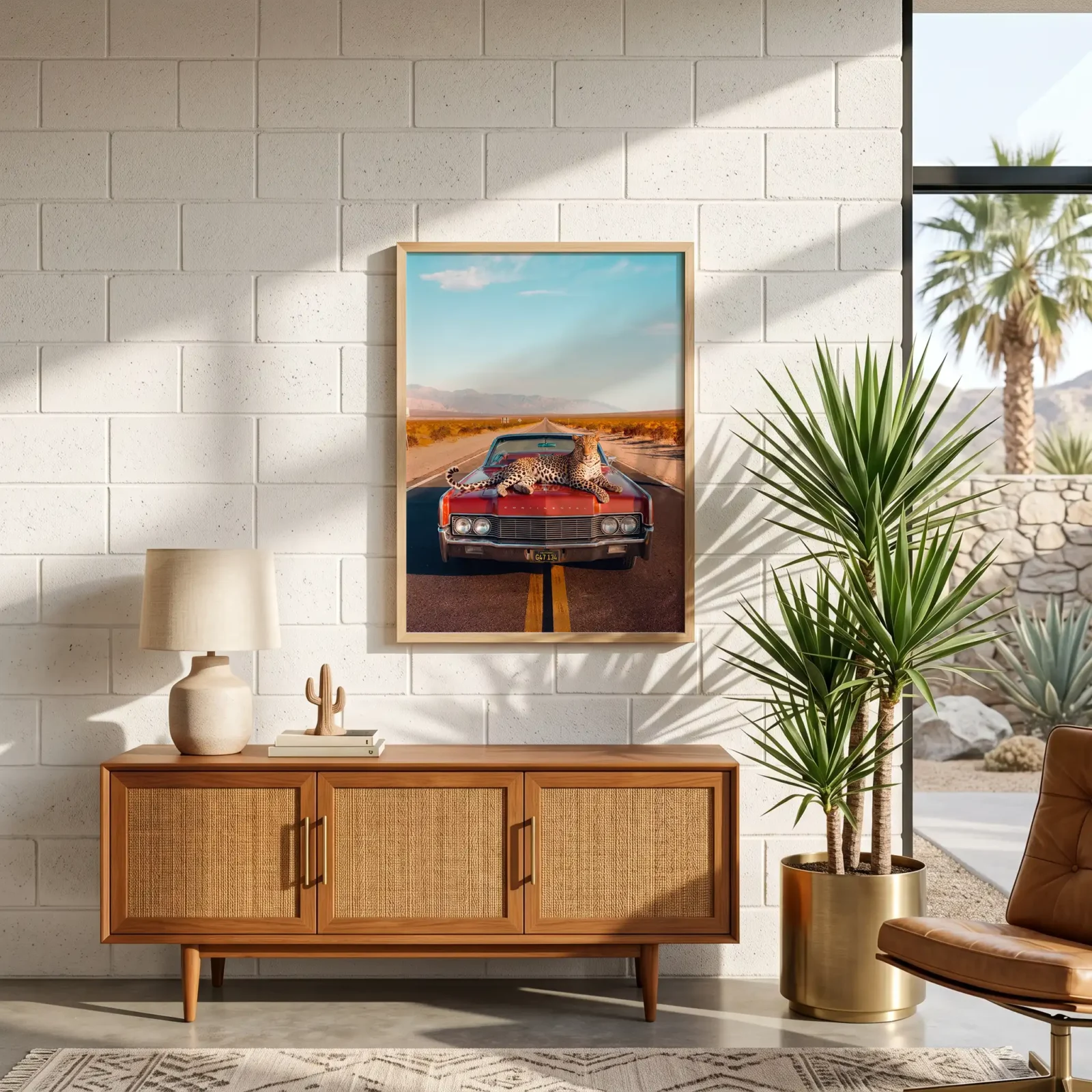 Framed leopard highway wall art above a cane credenza in a sunlit desert-modern living room