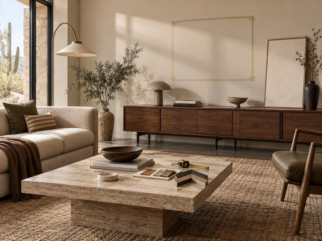 Mid-century modern living room with walnut furniture neutral upholstery and open wall space for choosing artwork