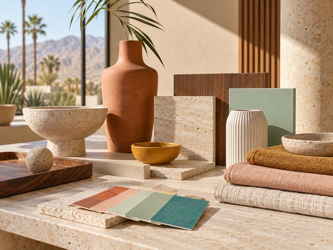 Desert-modern material moodboard with warm neutrals terracotta blush mint turquoise mustard wood and stone