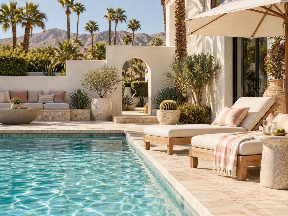 Palm Springs resort pool with turquoise water, warm white architecture and desert-modern outdoor styling