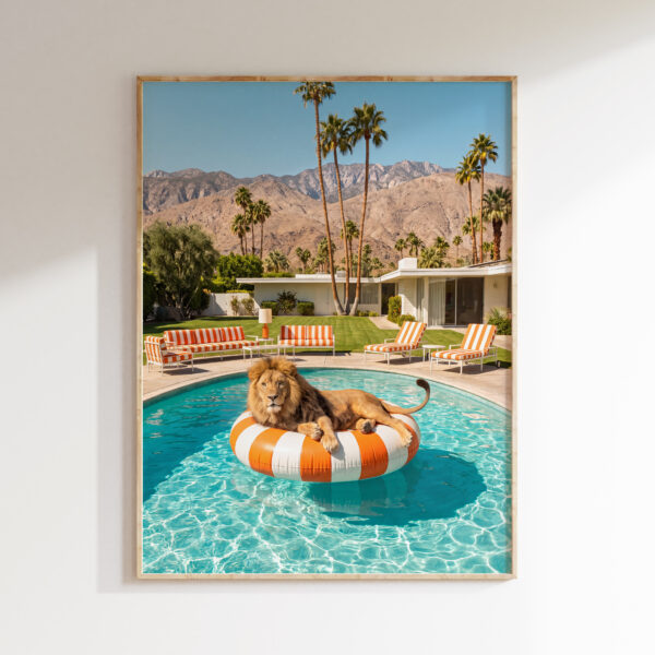 Lion pool ring wall art with a lion on an orange float in a turquoise pool