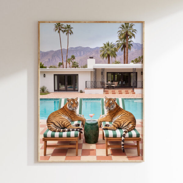 Tiger lounge chair wall art with two tigers beside a turquoise pool