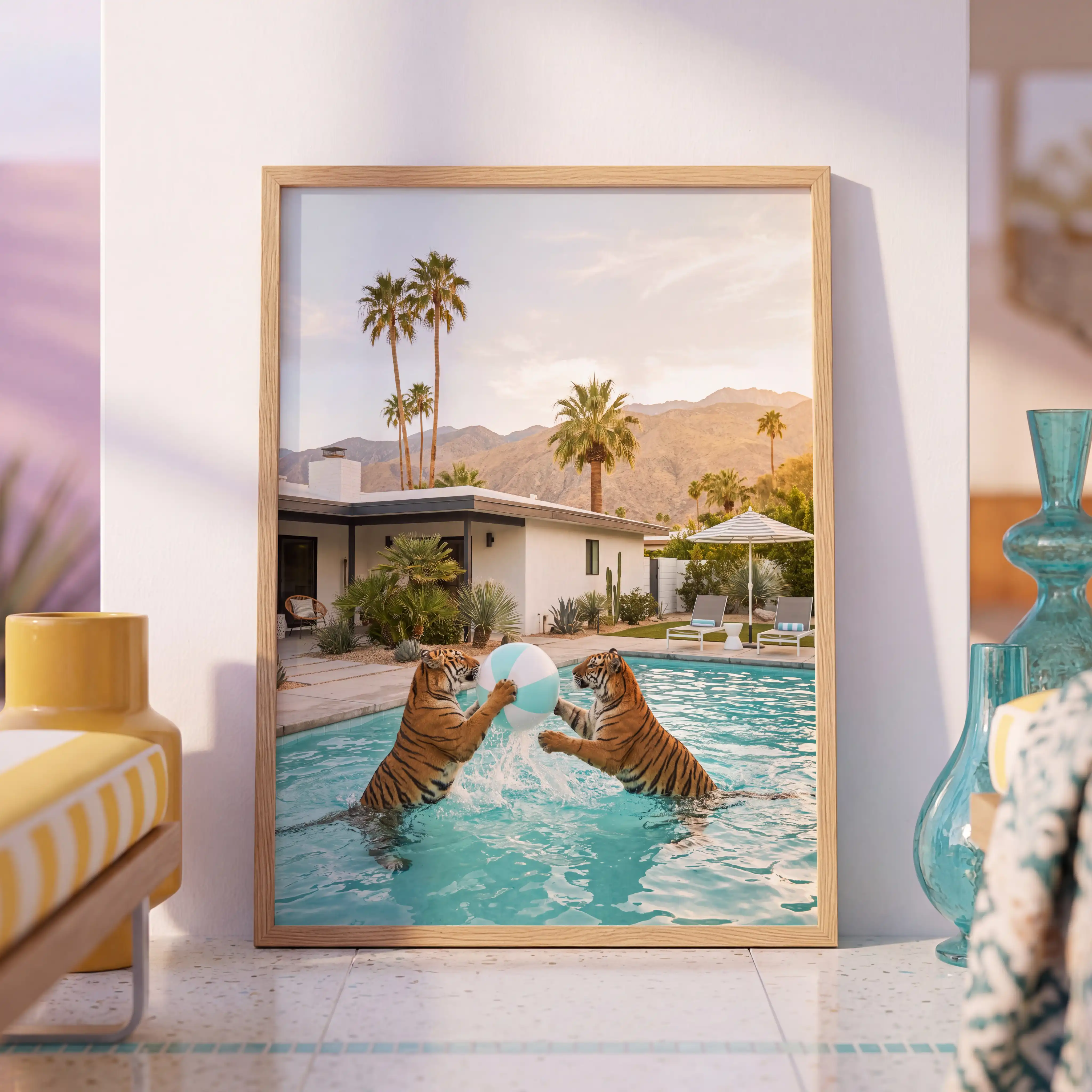 Two tigers beach ball wall art in a bright Palm Springs-style interior