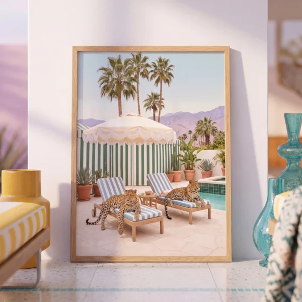 Two leopards poolside wall art in a colorful Palm Springs-style interior