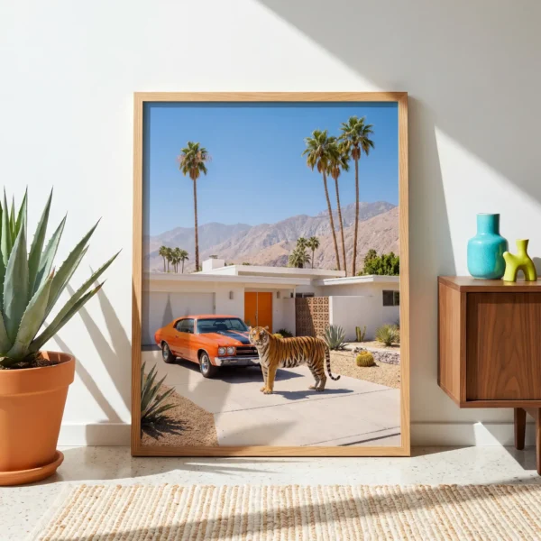 1970 Chevelle tiger framed print in a bright Palm Springs-style interior
