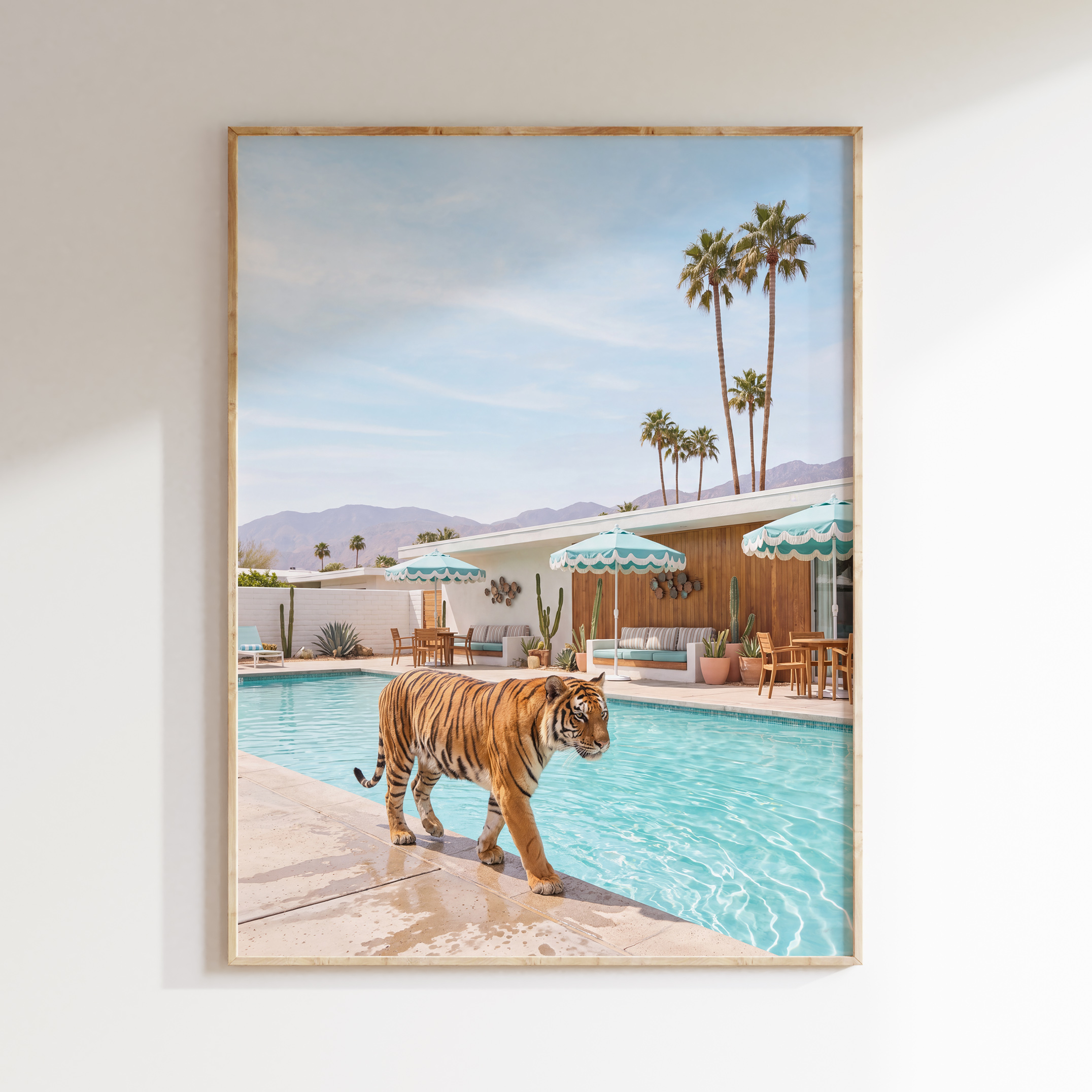 Tiger resort pool wall art with a tiger walking beside a turquoise pool