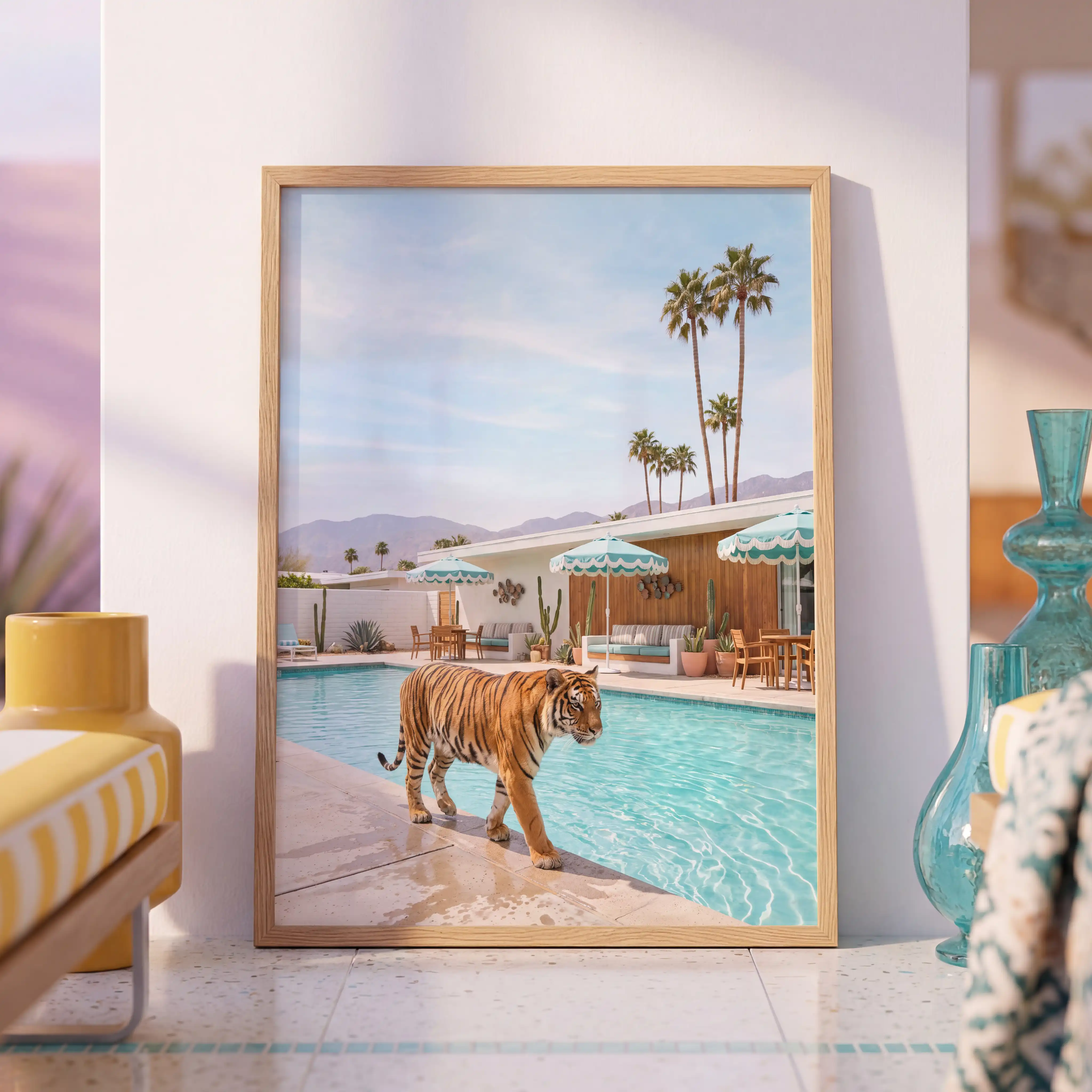 Tiger resort pool wall art in a colorful Palm Springs-style interior