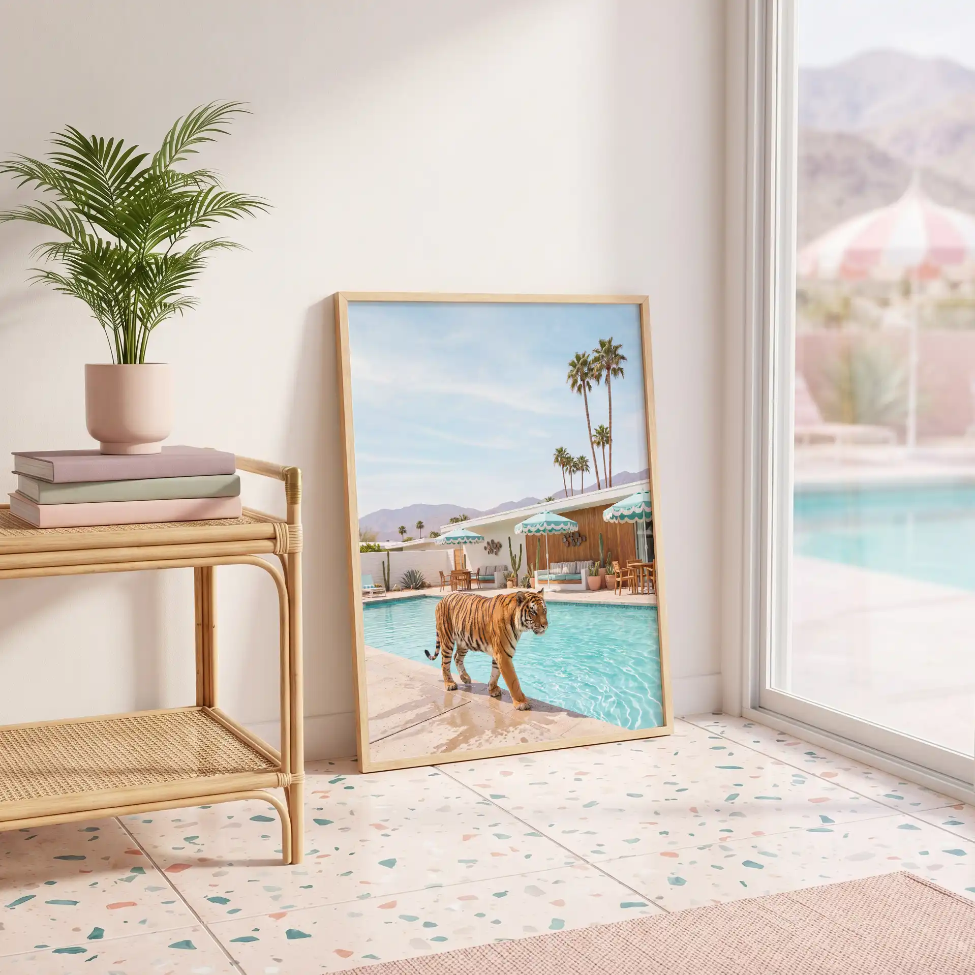 Tiger resort pool framed print beside a rattan console and indoor palm