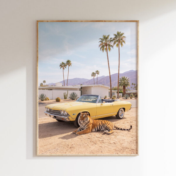 Tiger with yellow 1968 Chevrolet Chevelle Convertible wall art in natural wood frame