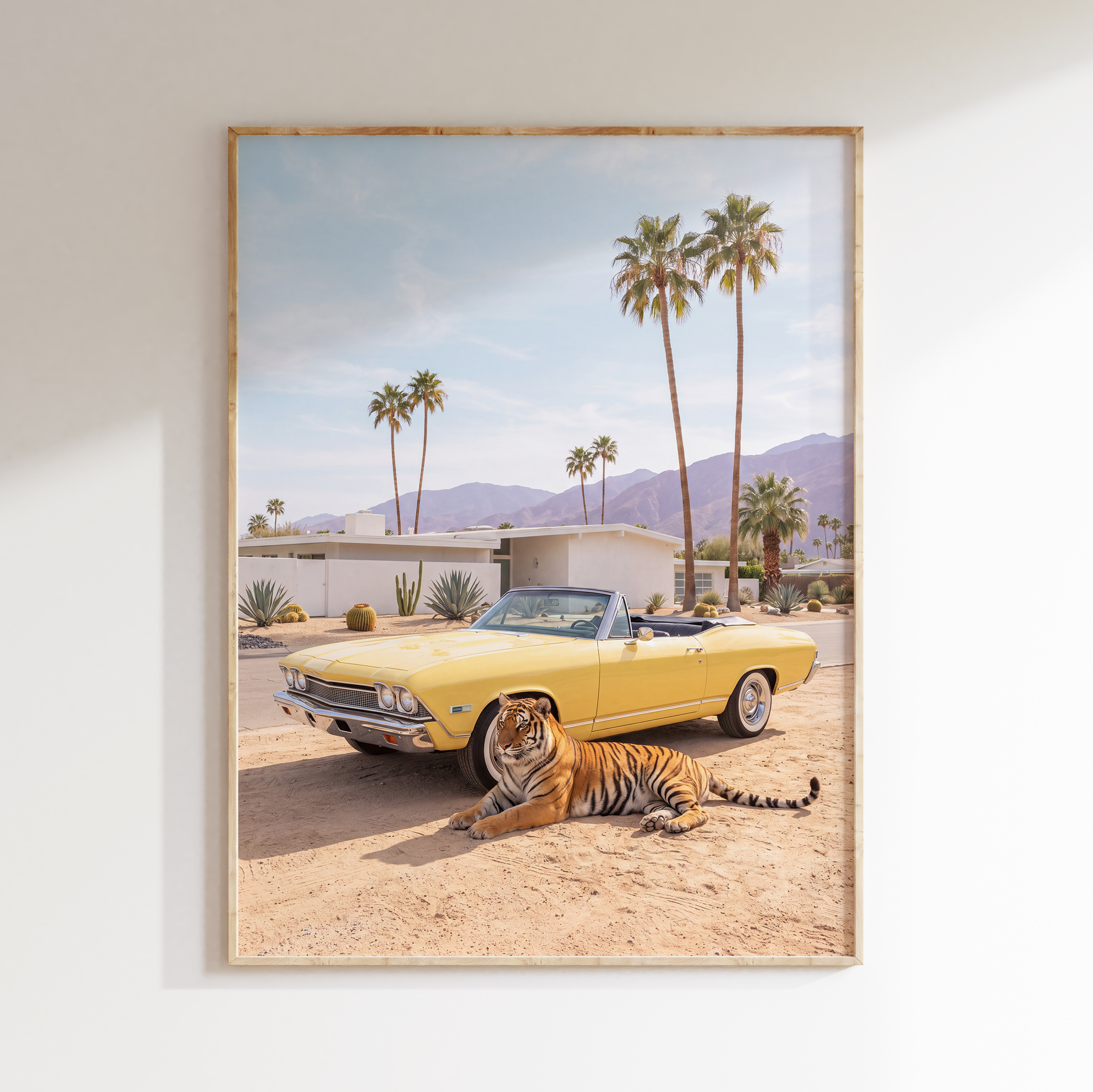Tiger with Yellow 1968 Chevrolet Chevelle Convertible wall art