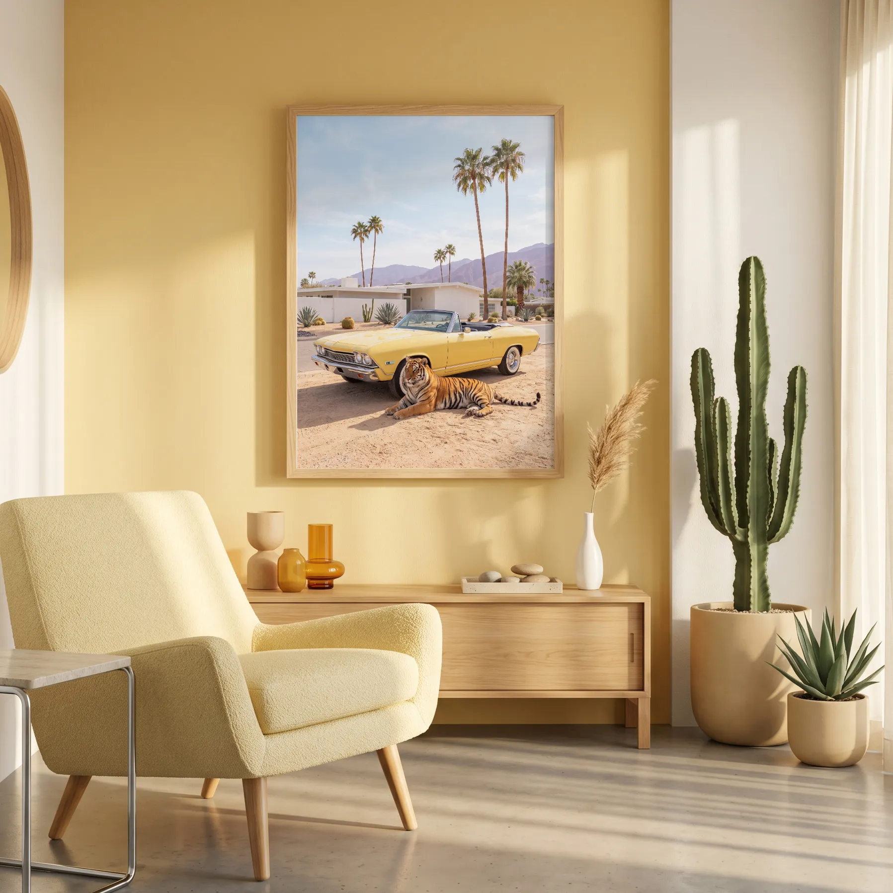 1968 Chevelle tiger wall art in a warm mid-century living room with cactus