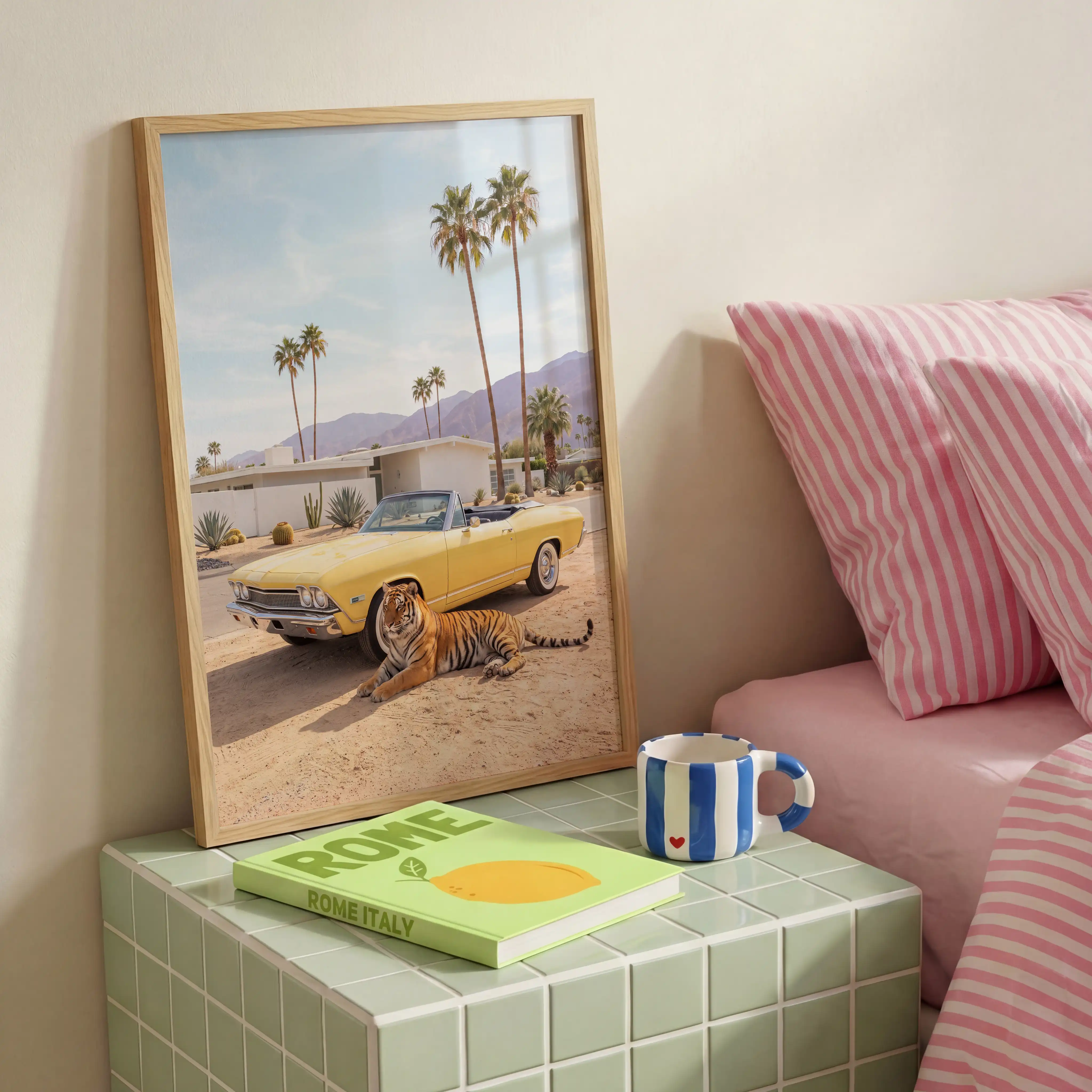Tiger and yellow 1968 Chevelle wall art styled beside a pink striped bed