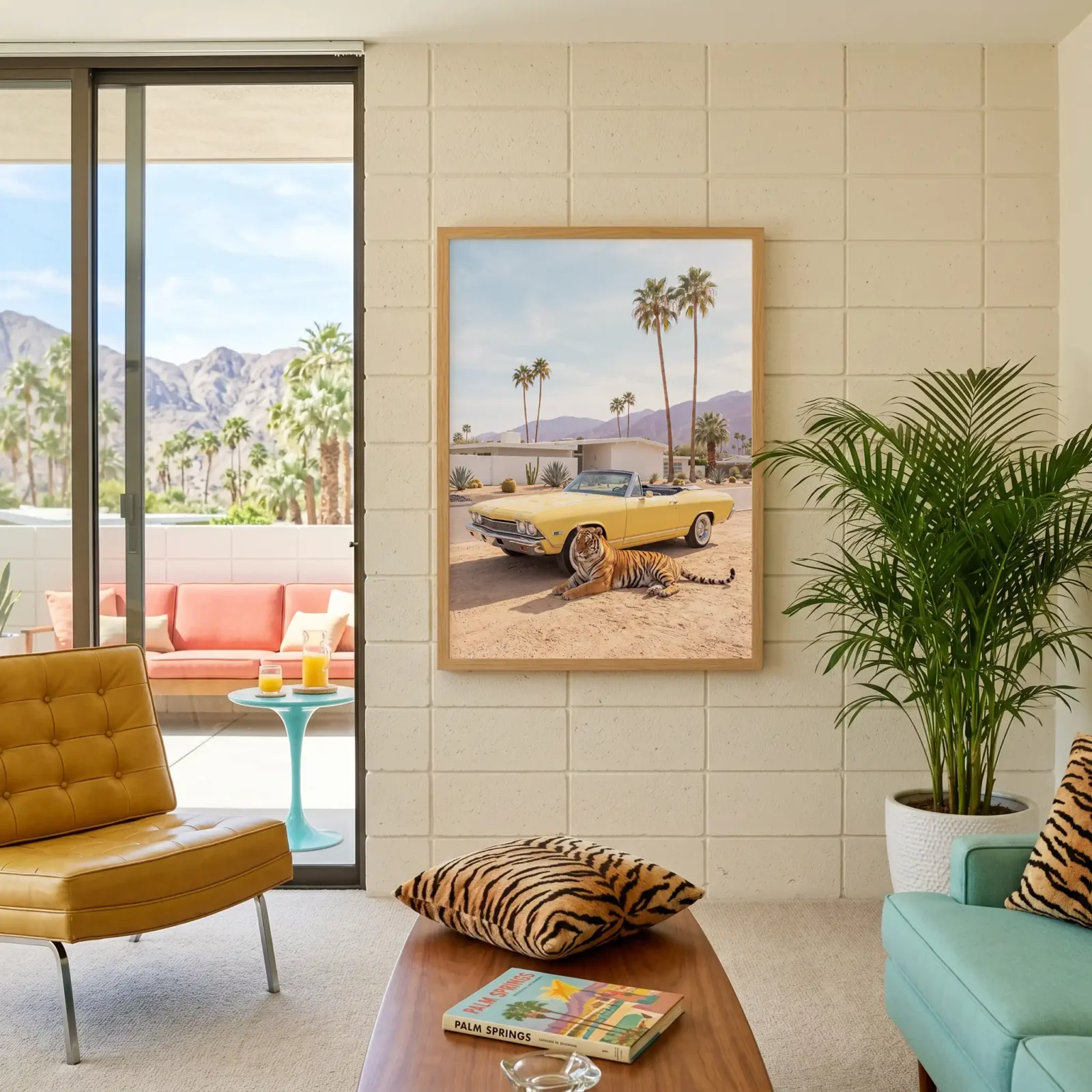 1968 Chevelle tiger wall art in a Palm Springs living room with mountain view