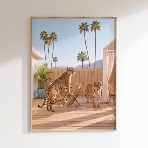 Two Tigers on a Palm Springs Patio in a natural wood frame