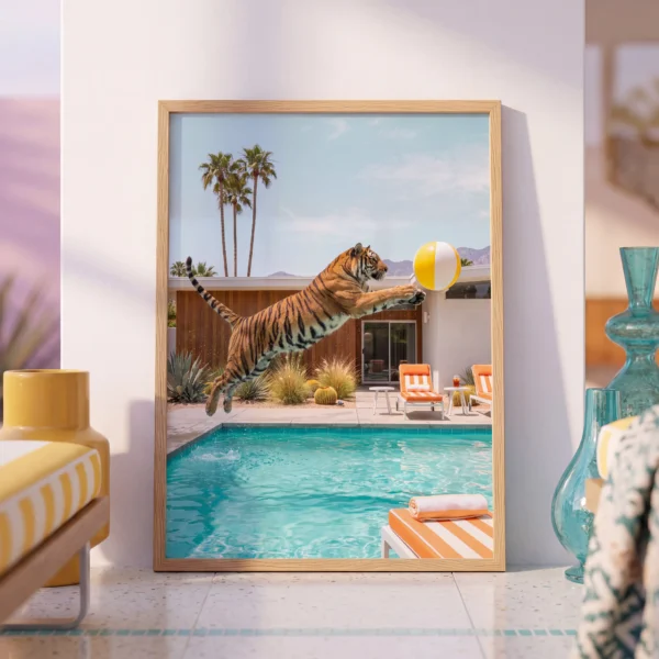 Tiger leaping toward a yellow beach ball over a pool in a natural wood frame beside colorful decor