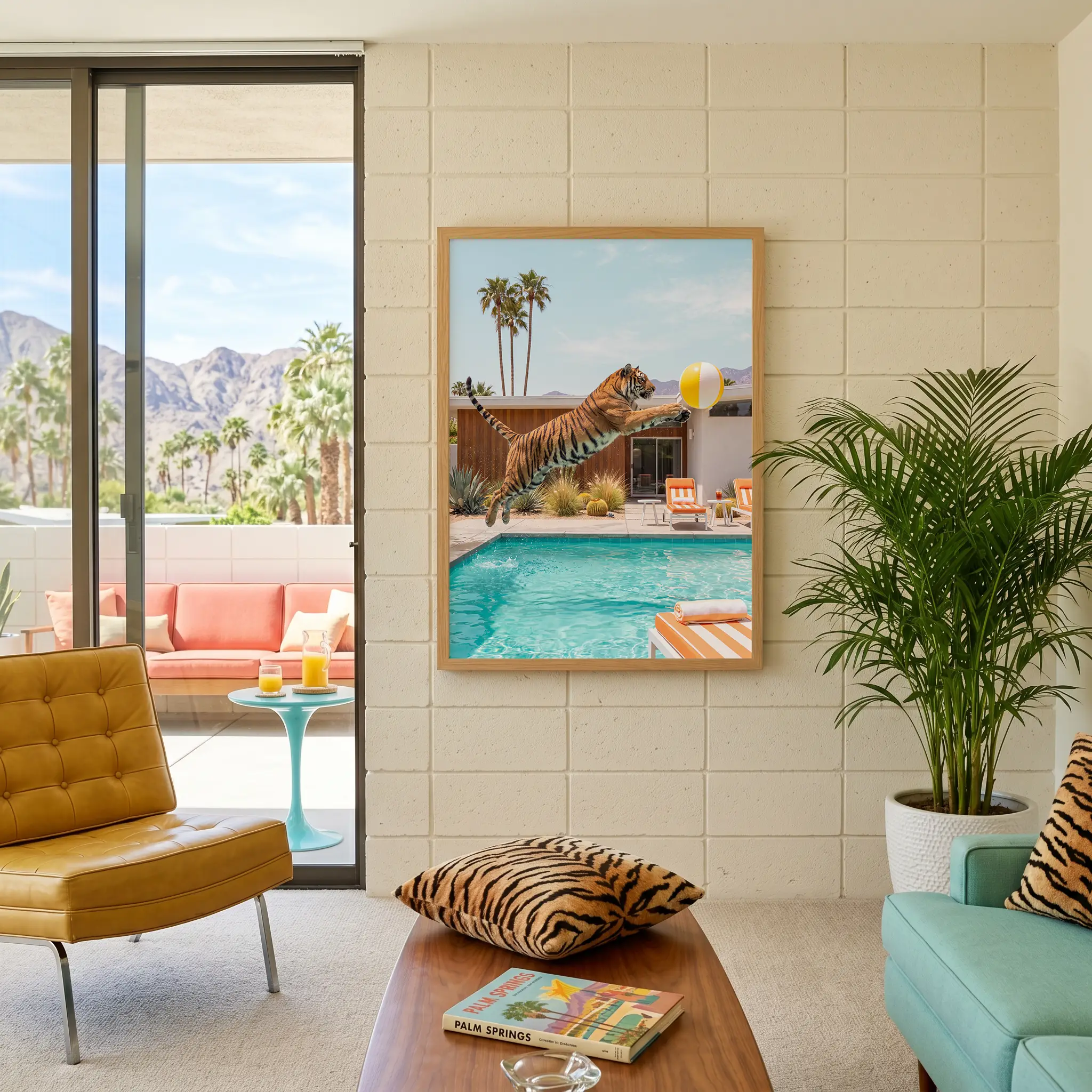 Tiger Leaping for the Yellow Beach Ball print framed above a table in a Palm Springs-style living room with turquoise seating and wood furniture