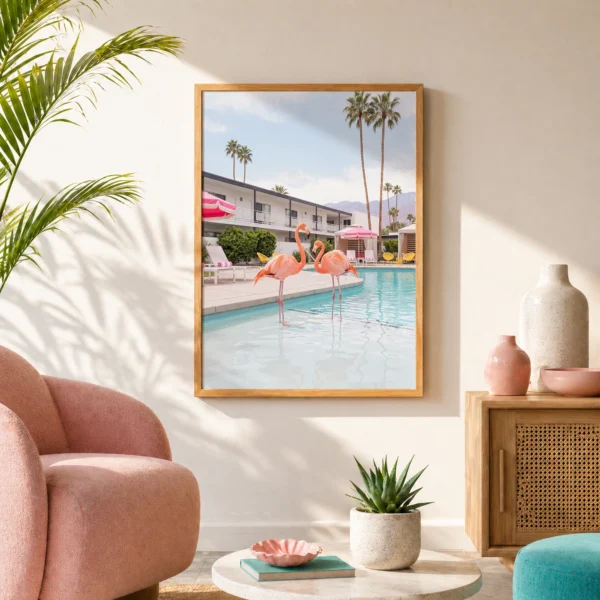 Framed pink flamingo wall art above a blush chair in a sunlit Palm Springs-inspired living room